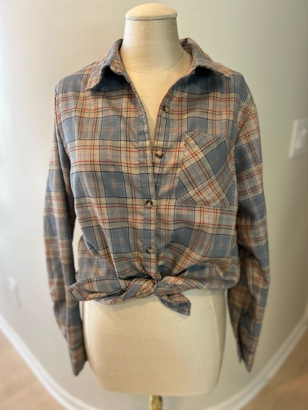 BKE Blue, sparkly Tan and Blue Plaid Shirt